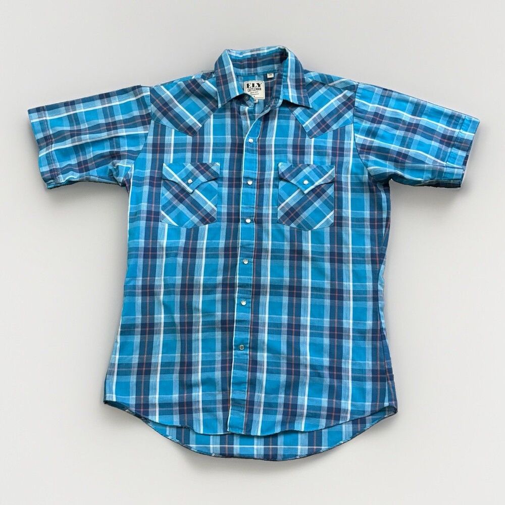 Ely Cattleman Blue Plaid Shirt Men's Size Medium Pearl Snaps Short Sleeve Cowboy